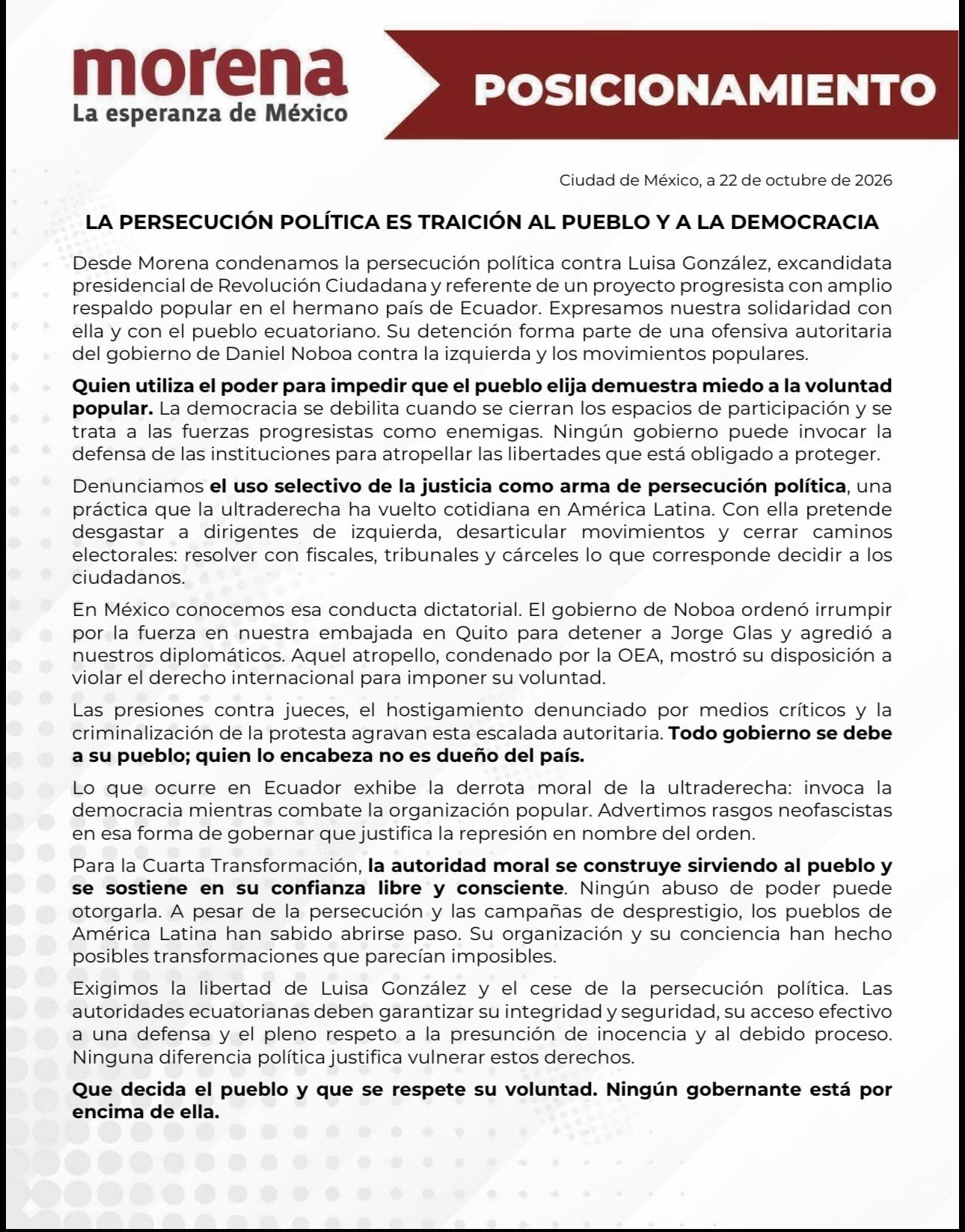 Morena acusa persecución política contra Luisa González tras su detención en Ecuador