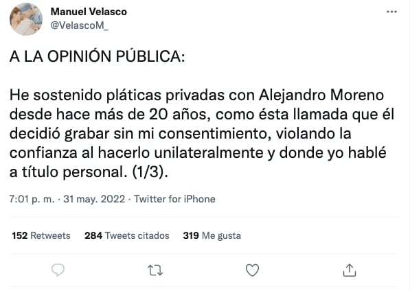 Manuel Velasco acusa a Alejandro Moreno de grabar llamada sin su consentimiento