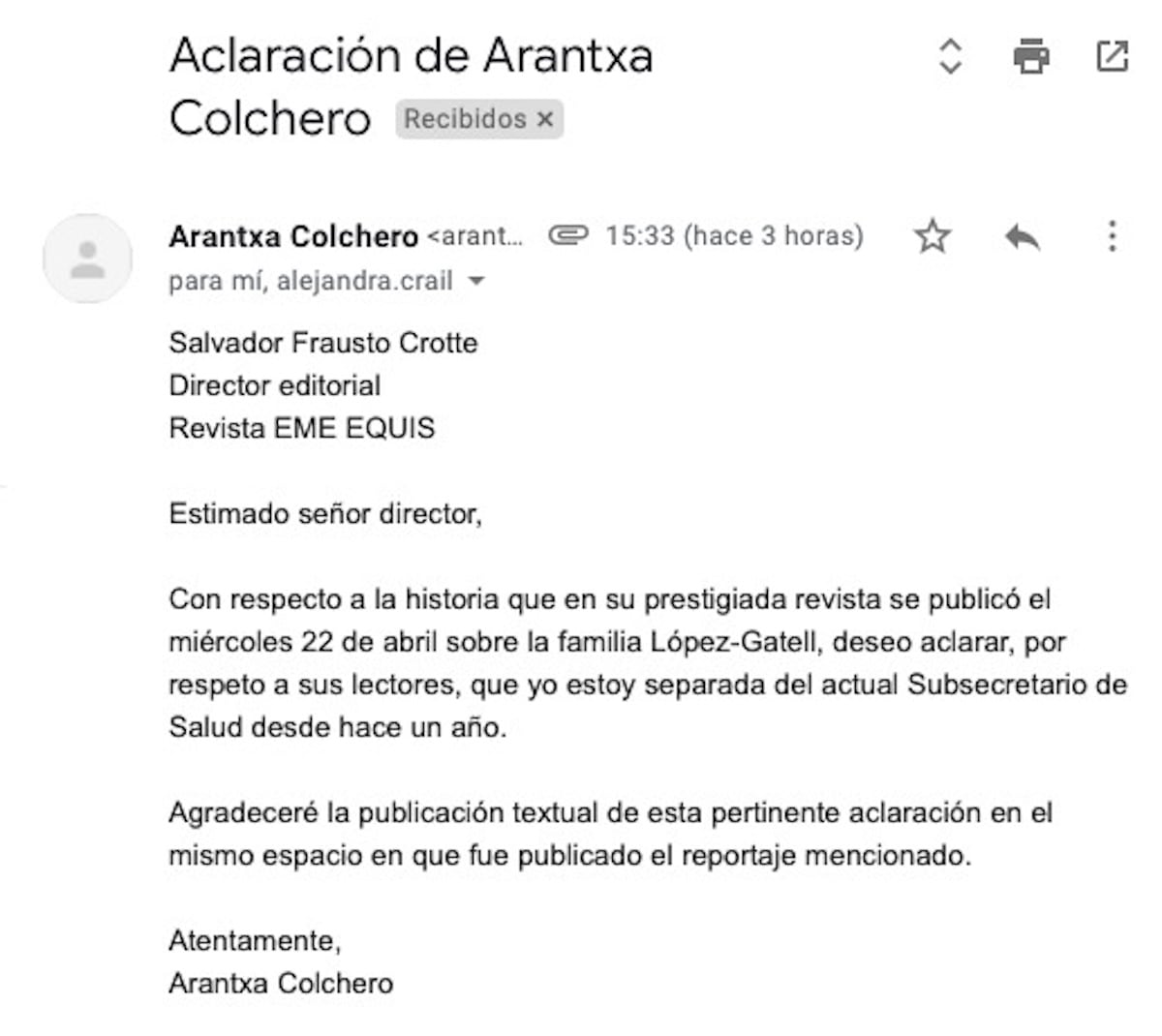 Mail de Arantxa Colchero a Emeequis.