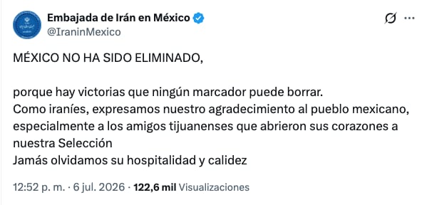 El mensaje de la Embajada de Irán tras la eliminación de México del Mundial 2026
