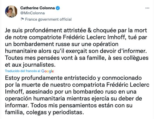 tuit de Catherine Colonna, ministra de Relaciones Exteriores francesa informado sobre la muerte de un periodista francés en la guerra de Rusia y Ucrania /captura de pantalla