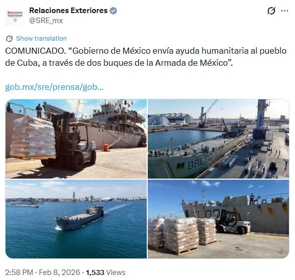 México envió 814 toneladas de ayuda humanitaria a Cuba, confirma SRE