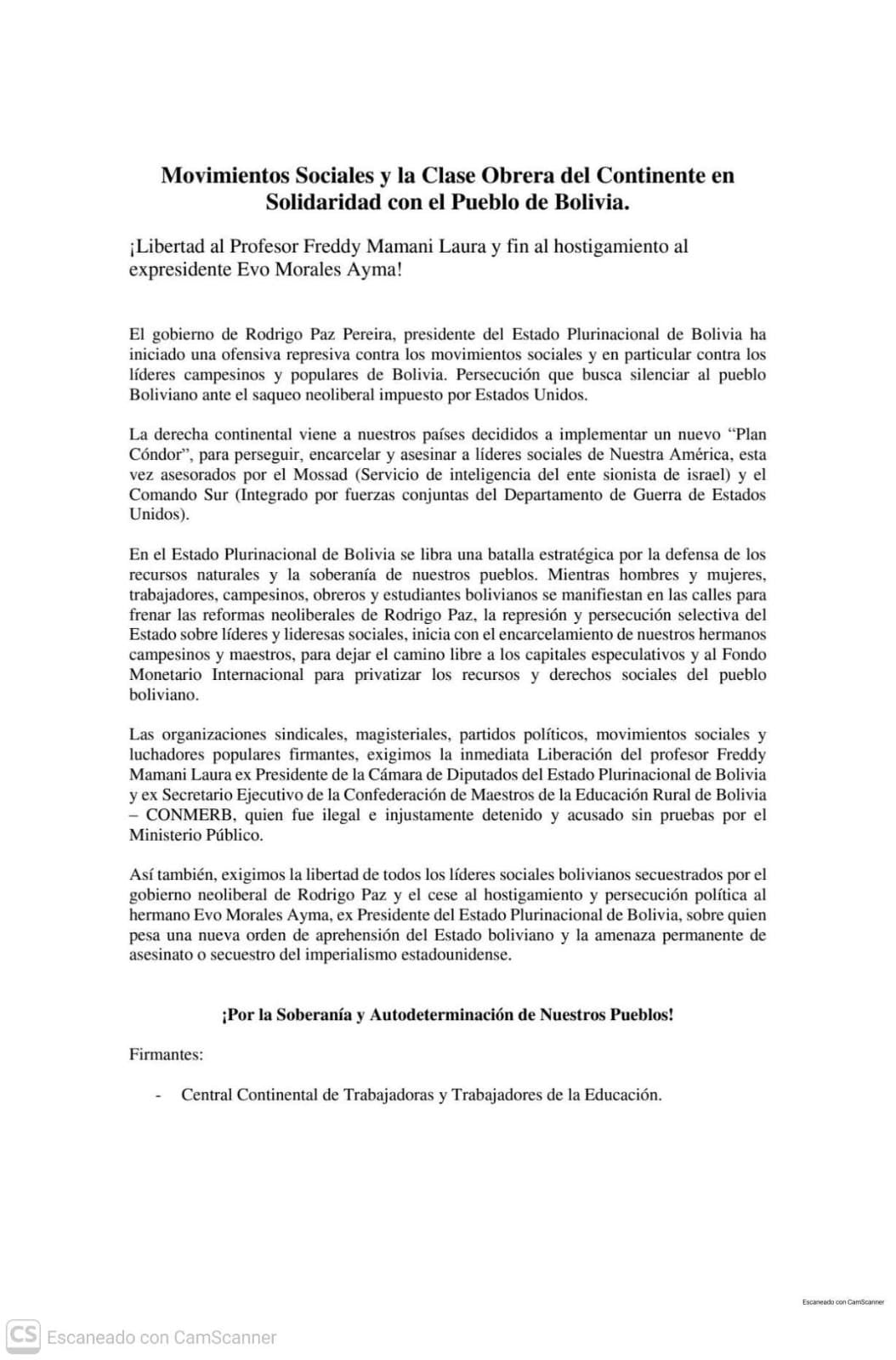 Comunicado CTE orden de aprehensión Evo Morales