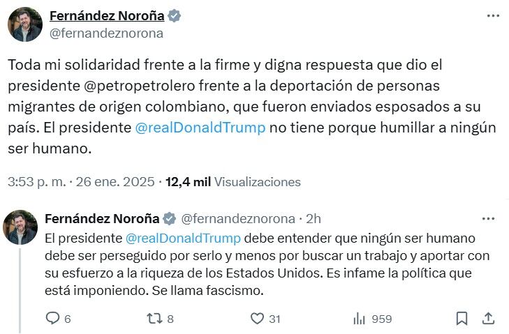 Gerardo Fernández Noroña se solidariza con Colombia y llama hipócrita a la política de migración en Estados Unidos