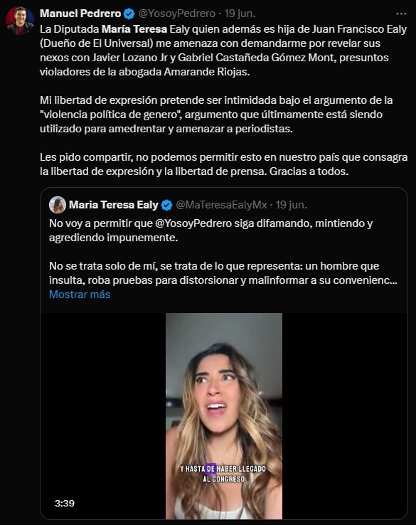 Manuel Pedrero acusa a María Teresa Ealy de amenazas.