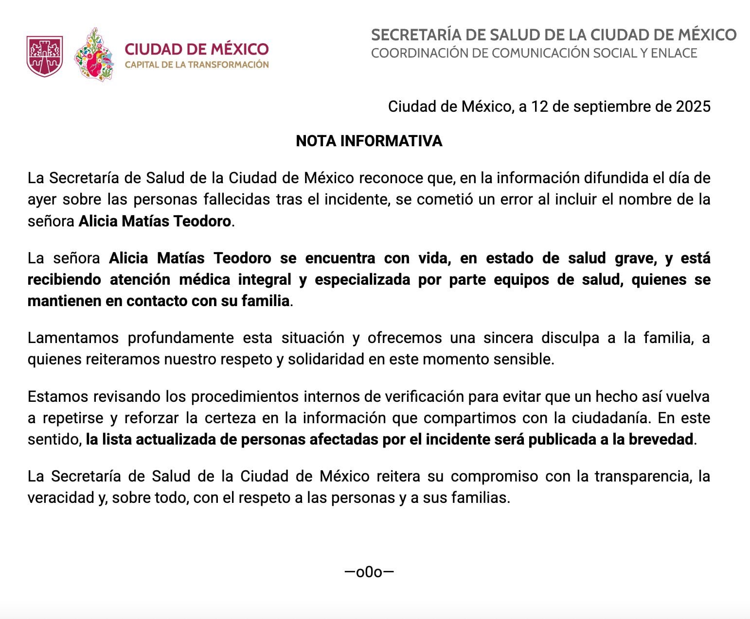 Secretaría de Salud Pública de la CDMX confirma que Alicia Matías Teodoro sigue con vida
