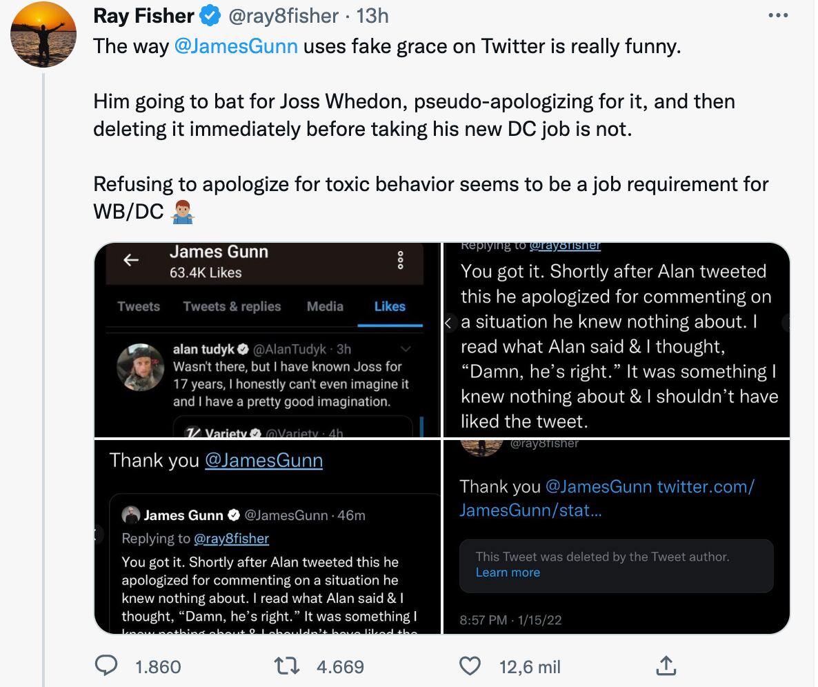 Ray Fisher acusa de "hipócrita" a James Gunn por borrar una disculpa en el caso de Joss Whedon