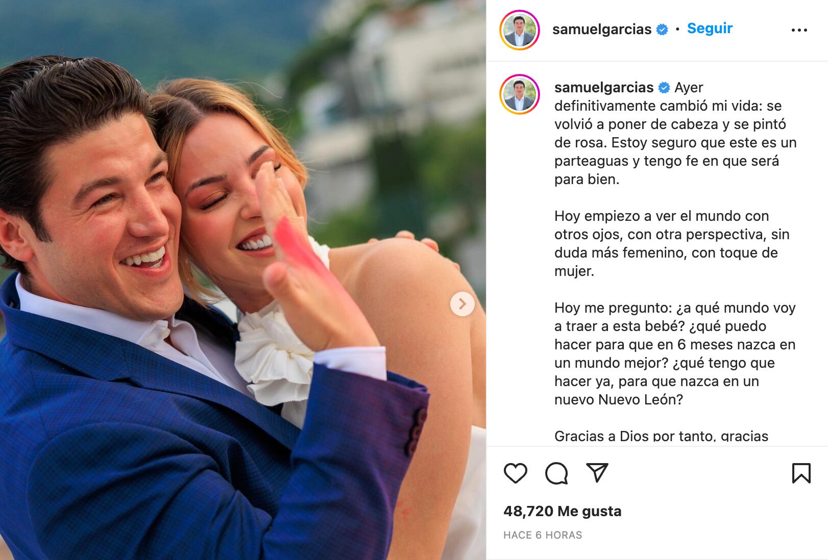 Samuel García empieza a ver el mundo “con ojos de mujer” y quiere que su hija nazca en un “nuevo Nuevo León”