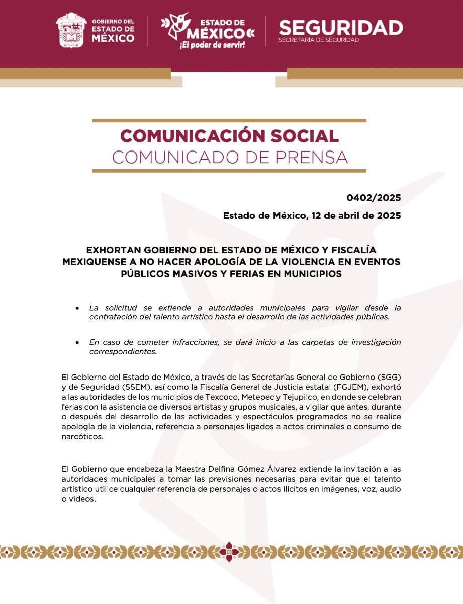 Comunicado sobre narcocorridos en eventos del Estado de México
