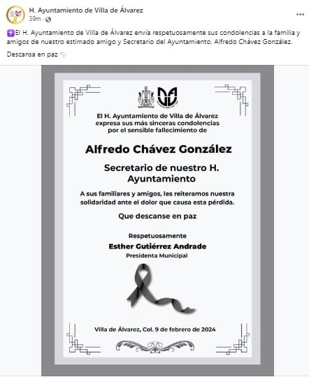 Condolencias de Ayuntamiento de Villa de Álvarez por muerte de Alfredo Chávez González
