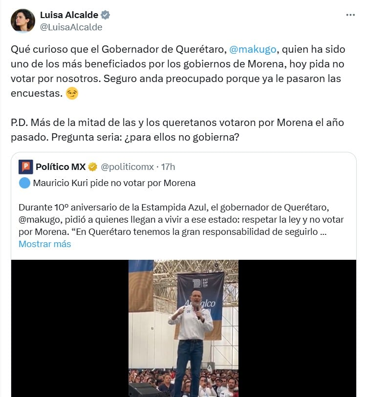 Luisa Alcalde tunde a Mauricio Kuri por pedir “no votar por Morena”