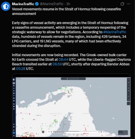 Barcos navegan el estrecho de Ormuz tras pacto de alto al fuego.