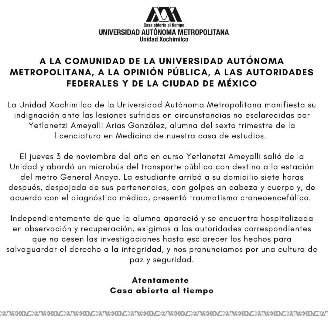 UAM Xochimilco se pronuncia por agresión a Yetlanetzi Ameyalli; pide esclarecer los hechos