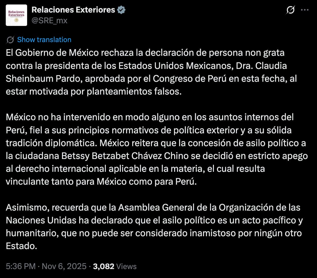 Gobierno de México rechaza decisión de Perú contra Claudia Sheinbaum.