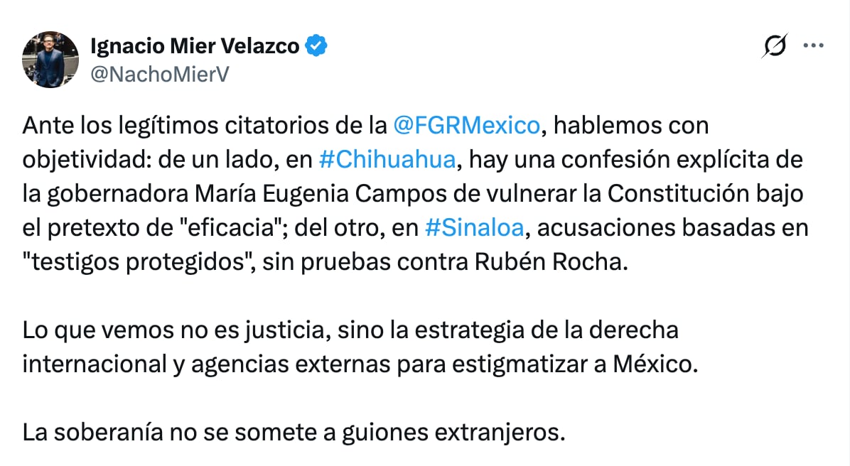 Ignacio Mier sale en defensa de Rocha Moya tras citatorio de la FGR