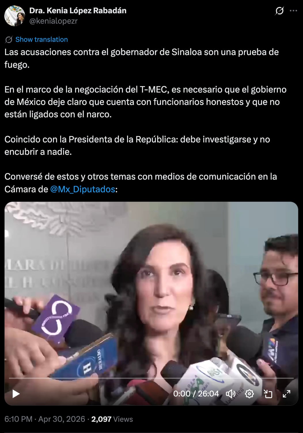 Kenia López Rabadán lleva el caso Rocha Moya al debate del T-MEC