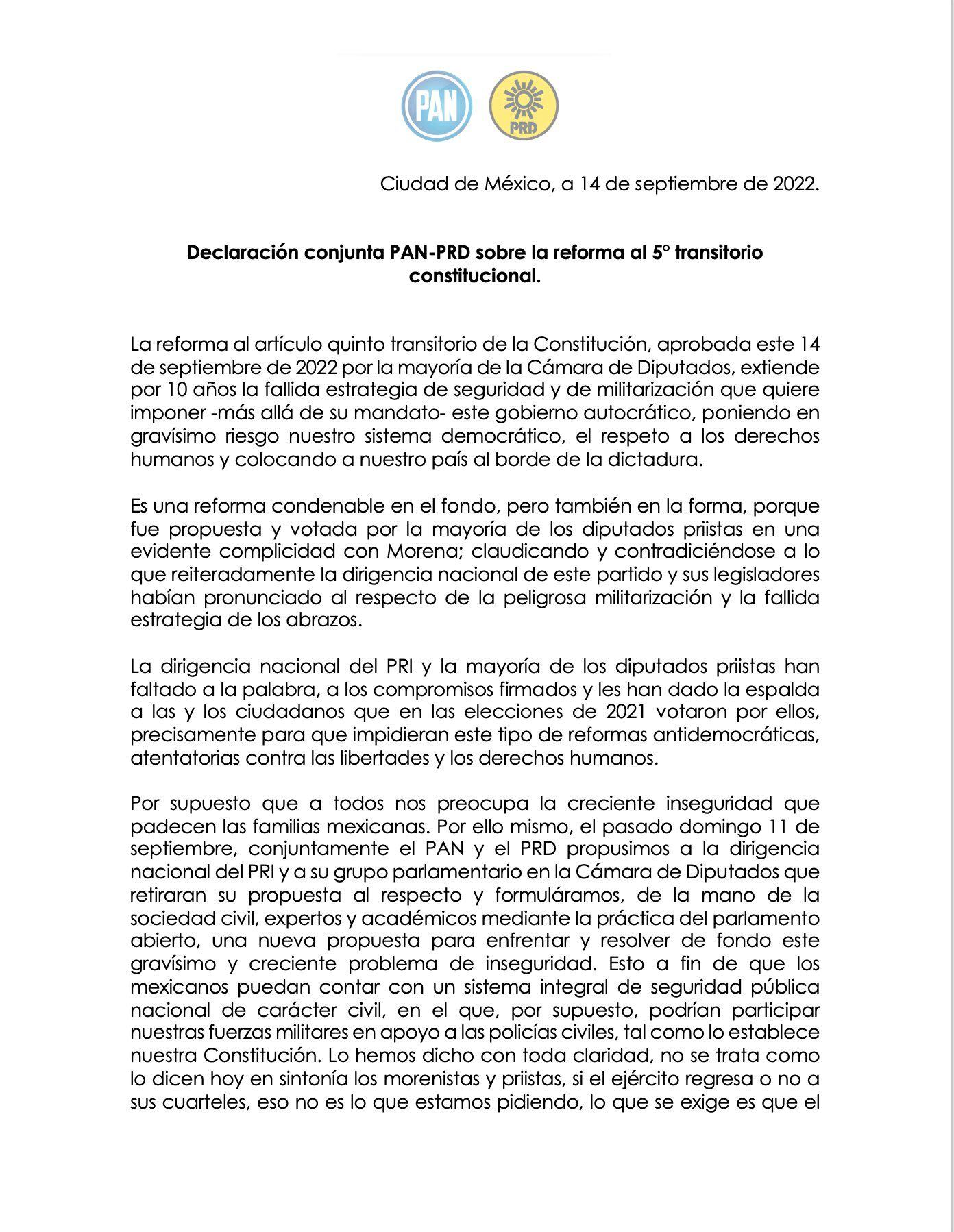 comunicado del PAN y el PRD condenando la reforma del PRI que deja al ejército en las calles hasta 2028