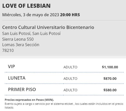 Precio de los boletos conciertos de Love of Lesbian