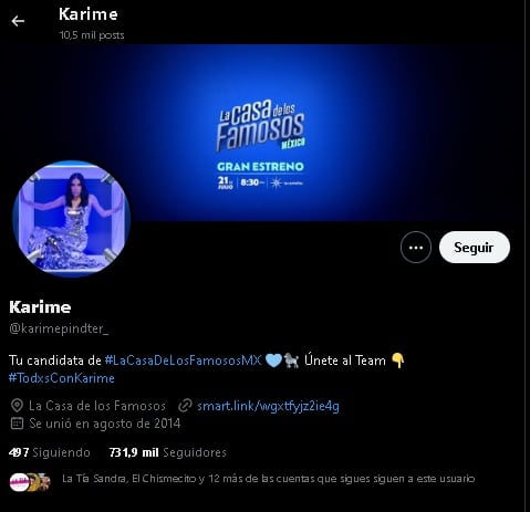 Cuenta real de Karime Pindter en Twitter.