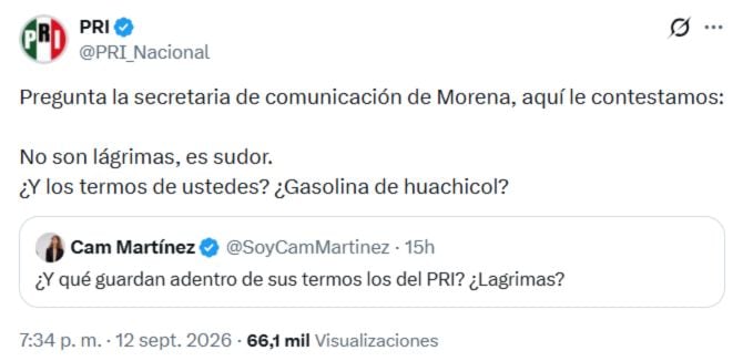 Camila Martínez cuestiona al PRI por termo con “lágrimas” y baja aprobación