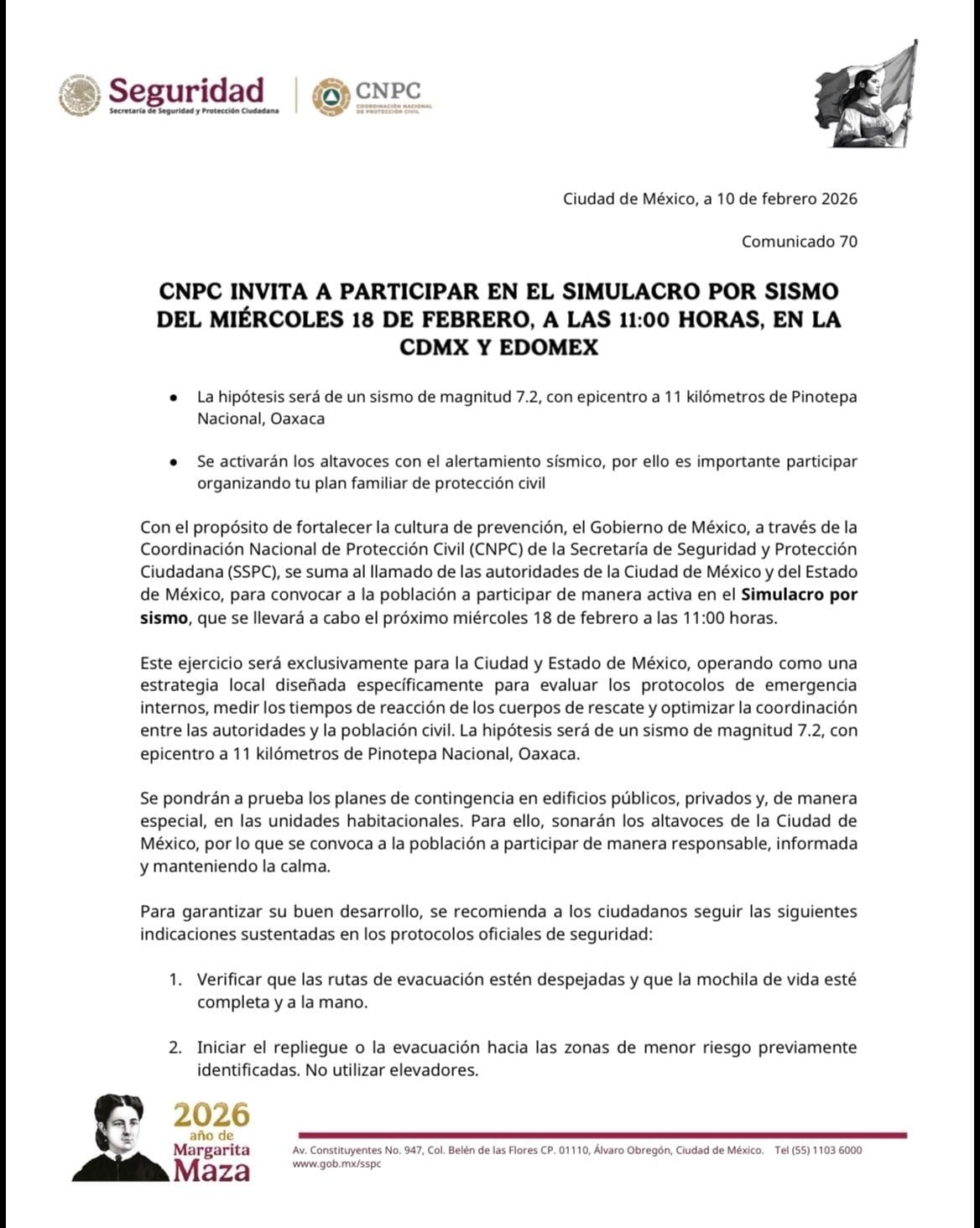 La CNPC llama a simulacro nacional el próximo 18 de febrero 2026