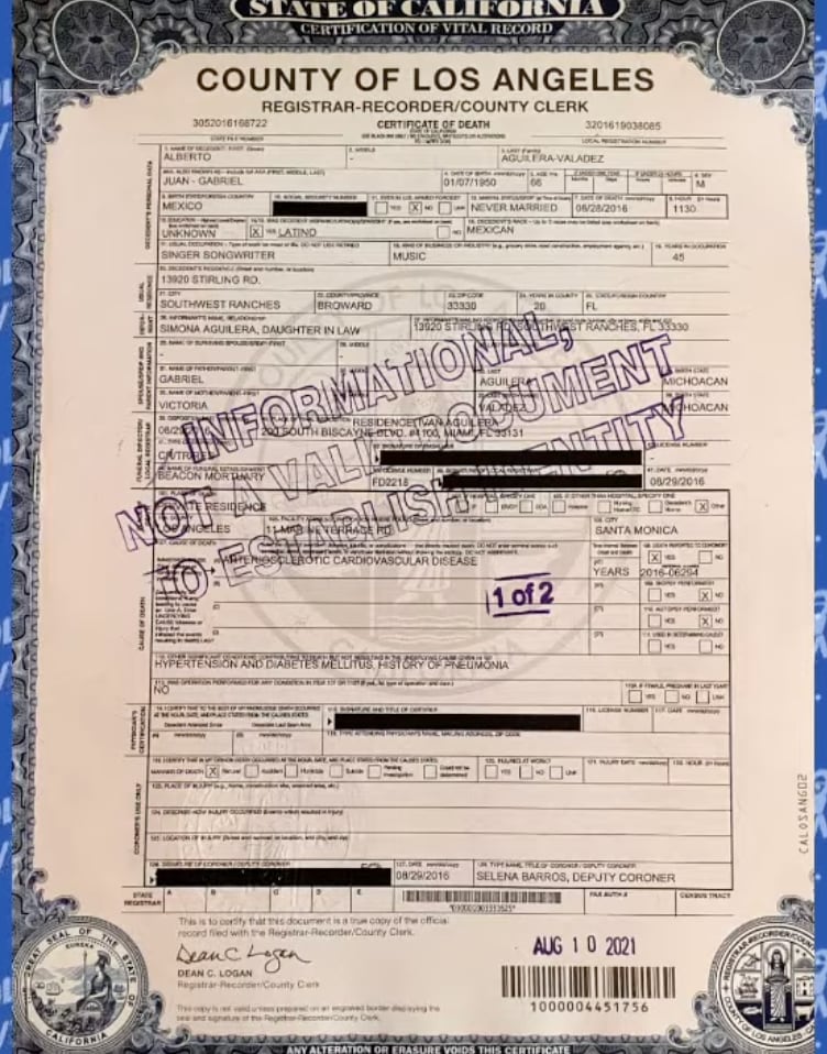 Acta original de defunción de Juan Gabriel