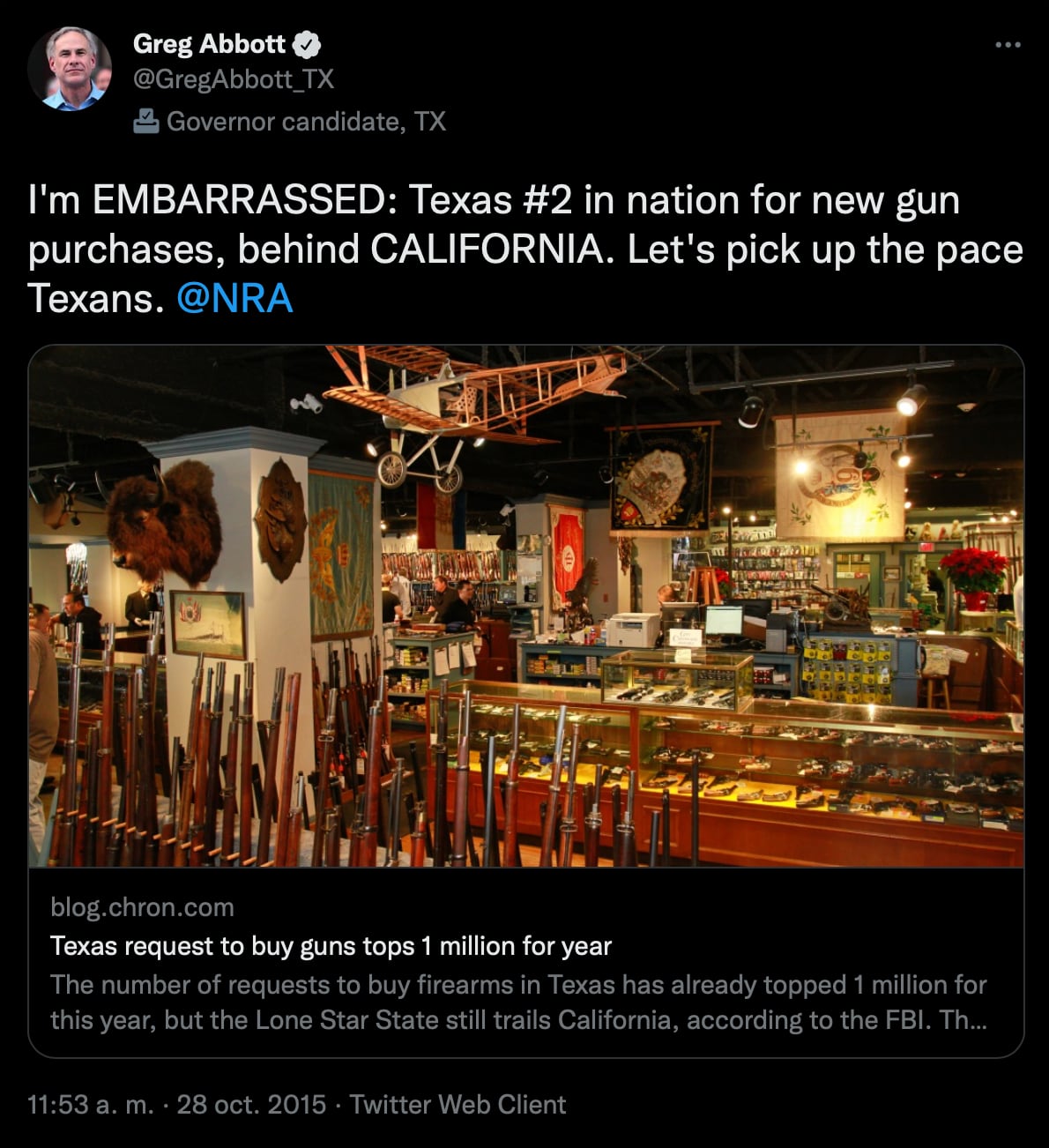 Greg Abbott promovió compra de armas en Texas