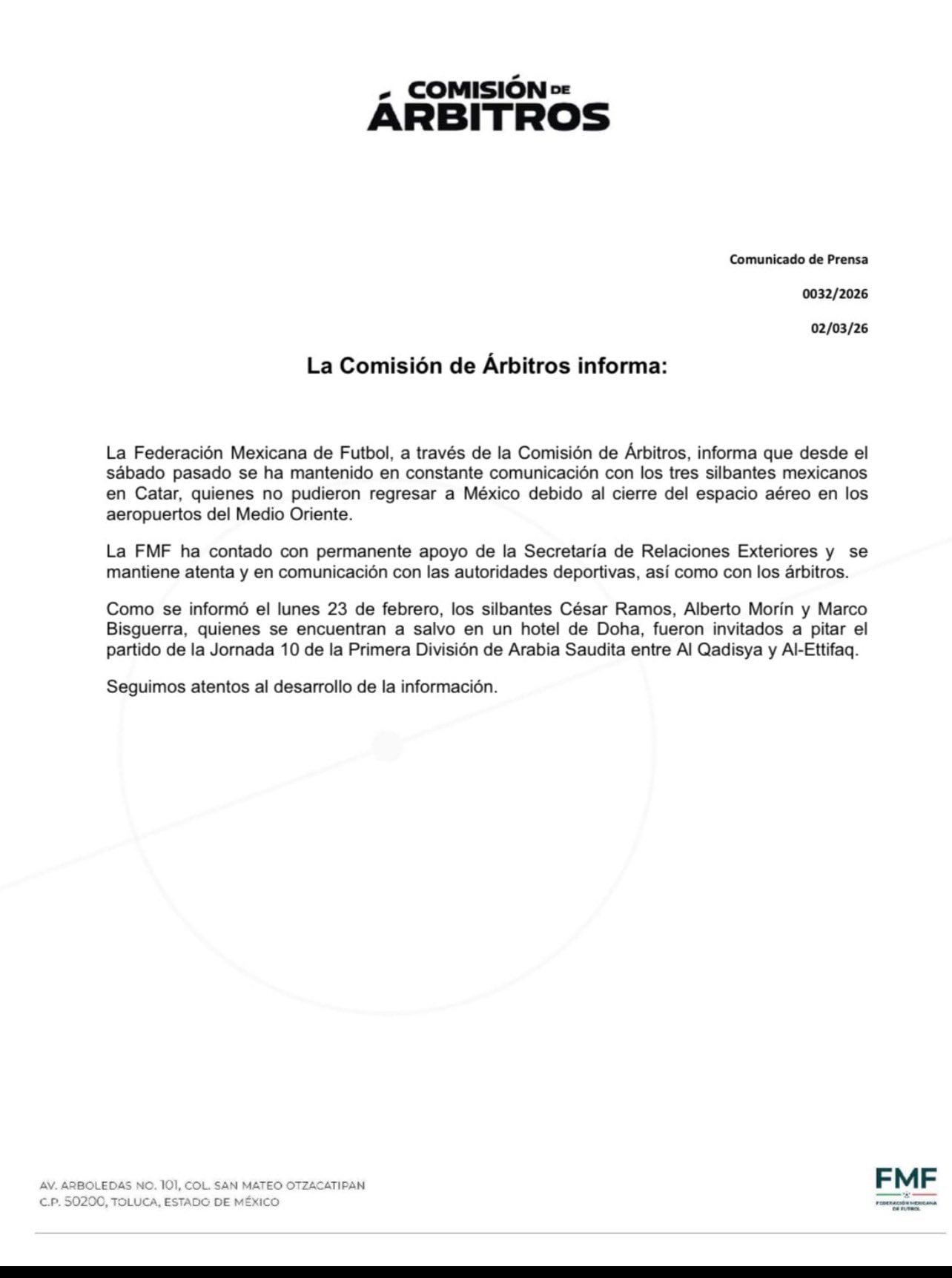 Comunicado Comisión de Árbitros