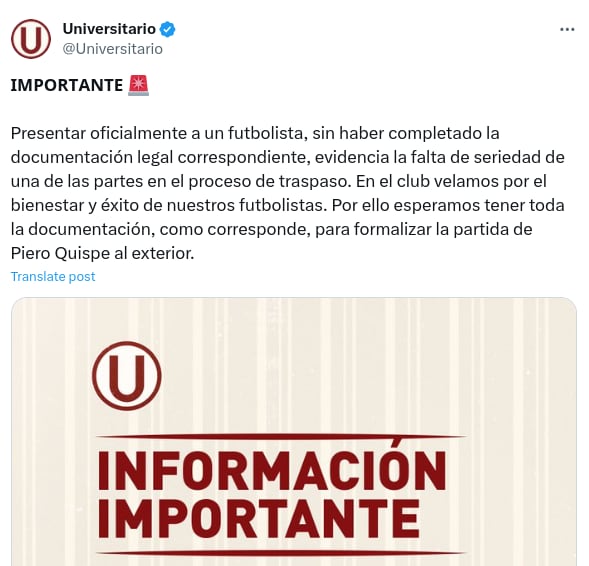 Universitario de Perú se pronuncia contra Pumas
