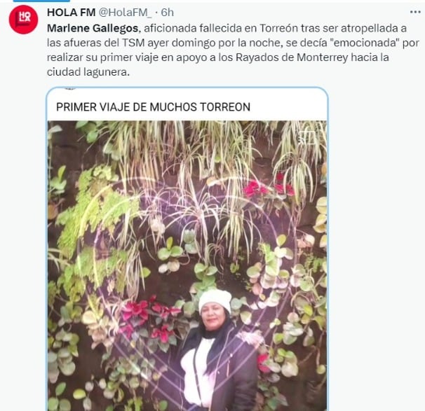 Marlene Gallegos, fan de Rayados que murió atropellada en el Estadio de Santos Laguna.