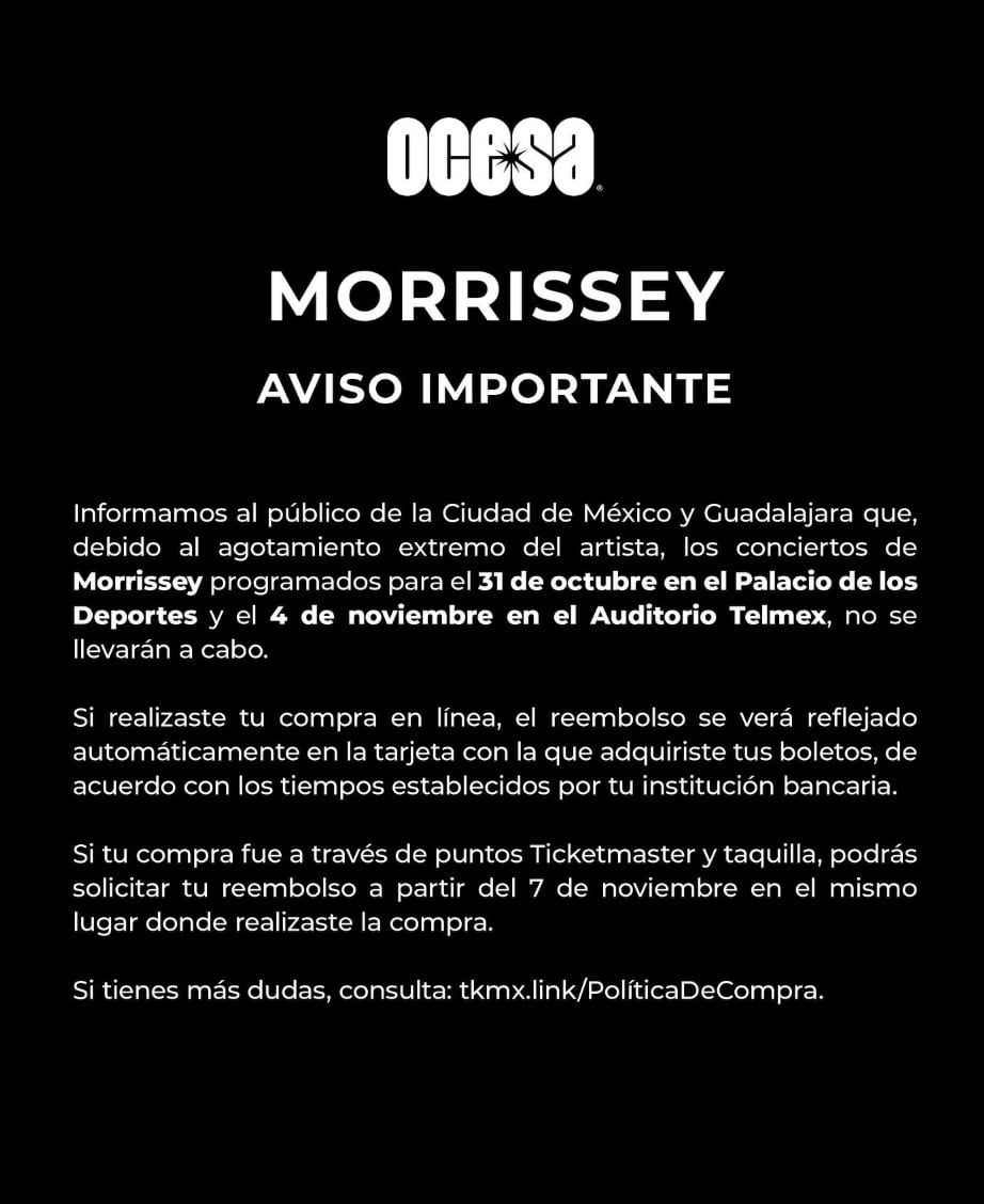 Morrissey cancela sus dos conciertos en México
