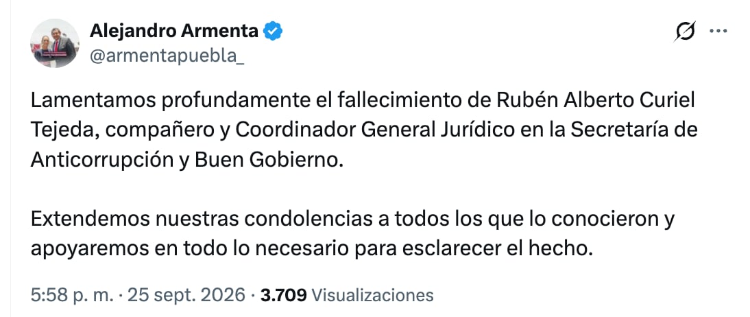 Alejandro Armenta lamenta muerte Rubén Alberto Curiel Tejeda