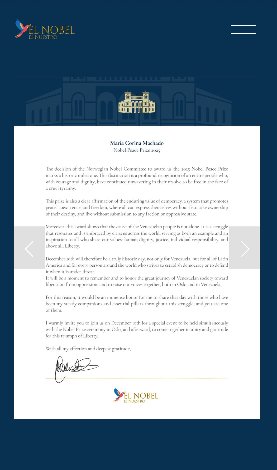 María Corina Machado invita a Felipe Calderón a la entrega de su Premio Nobel de la Paz