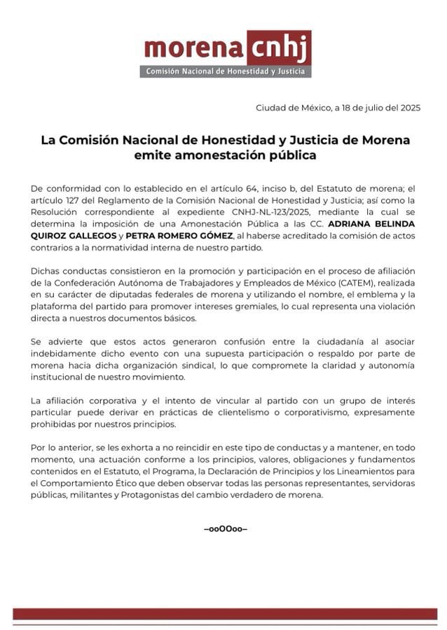 Diputadas de Morena son amonestadas