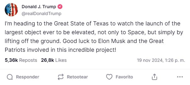 Donald Trump sobre el lanzamiento de Starship de SpaceX