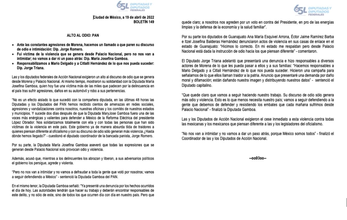 Comunicado de los diputados del PAN