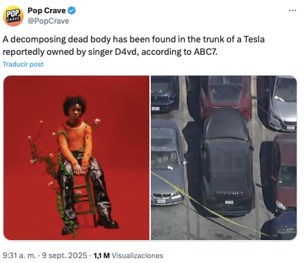 Encuentran cadáver en auto Tesla de D4vd