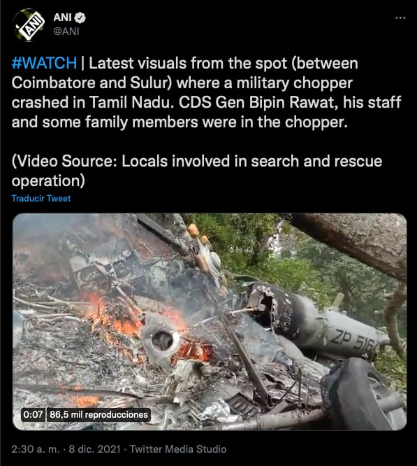 Video del accidente del jefe del ejército indio/@ANI