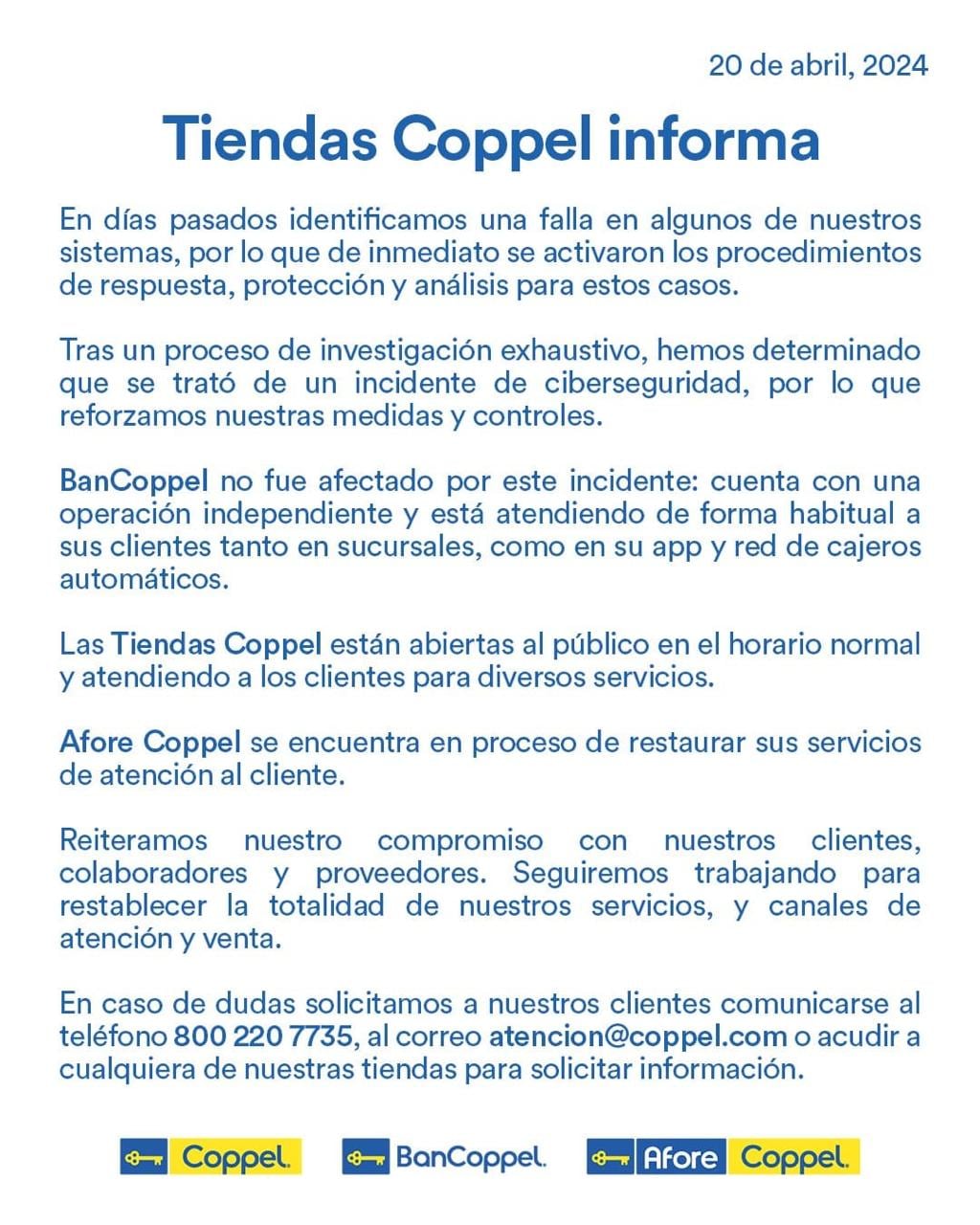 Comunicado de Coppel 20 abril 2024 donde indica un intento de hackeo