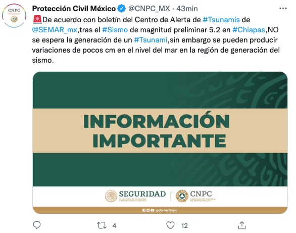 Centro de Alerta de Tsunamis emite boletín por sismo de 5.2 grados en Chiapas