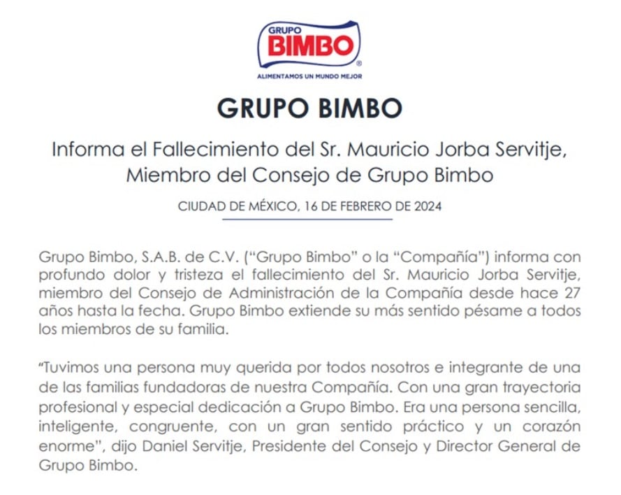 Murió Mauricio Jorba Servitje, integrante de Grupo Bimbo
