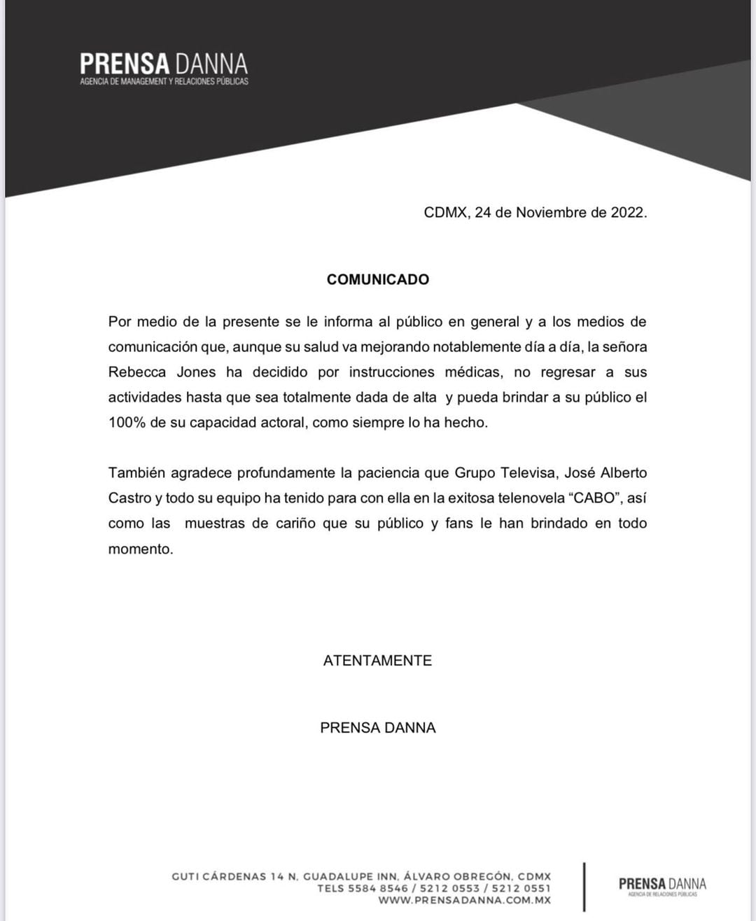 El 24 de noviembre de 2022 se informó que Rebecca Jones no regresará a la telenovela Cabo