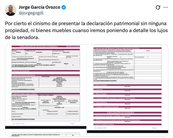 Declaración patrimonial de la senadora de Morena