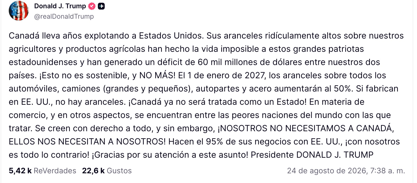 Donald Trump pondrá aranceles del 50% a Canadá en acero, autos y autopartes
