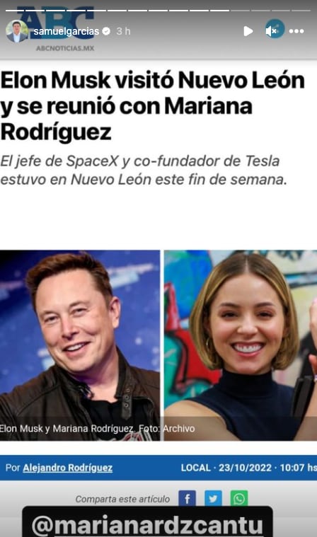 Samuel García presume encuentro de Mariana Rodríguez con Elon Musk