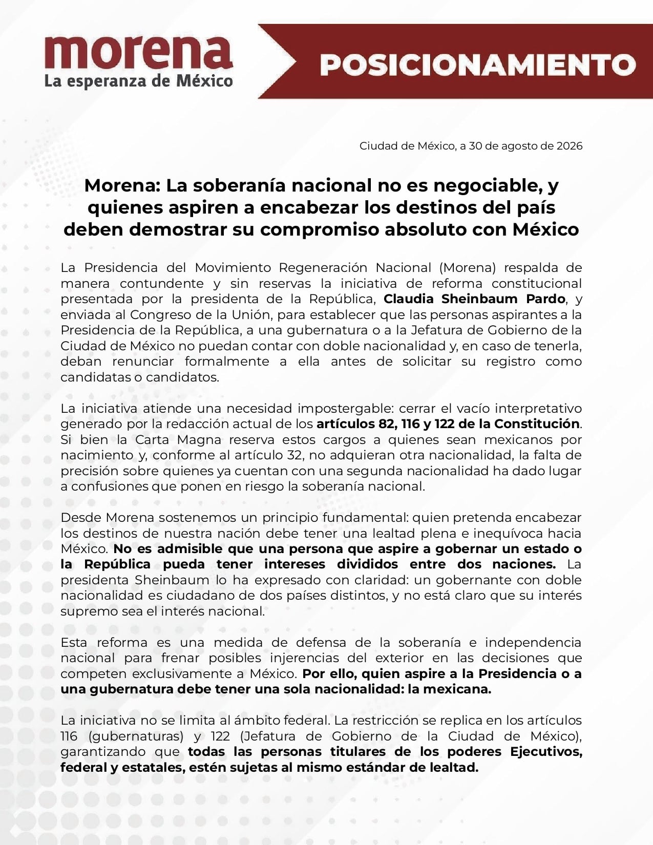 Morena respalda iniciativa contra doble nacionalidad de Claudia Sheinbaum