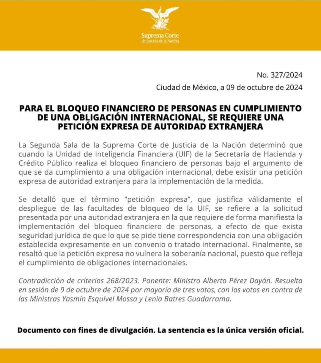 Comunicado de la SCJN sobre el bloqueo financiero por parte de la UIF.