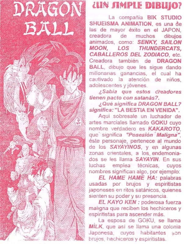 Folleto que asegura que Dragon Ball y Goku son satanistas
