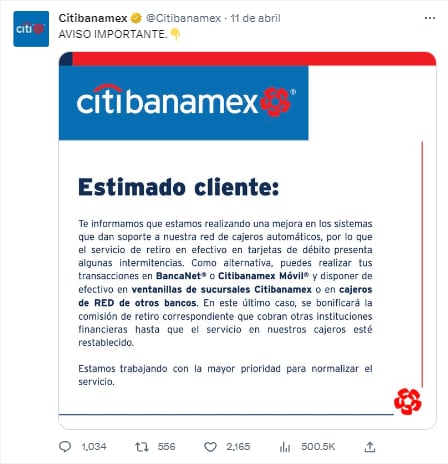 Reporte de Banamex por falla en sus cajeros el 11 de abril