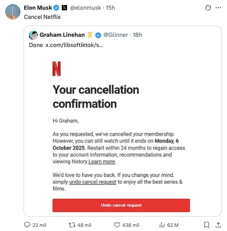 Elon Musk pide cancelar tu suscripción de Netflix